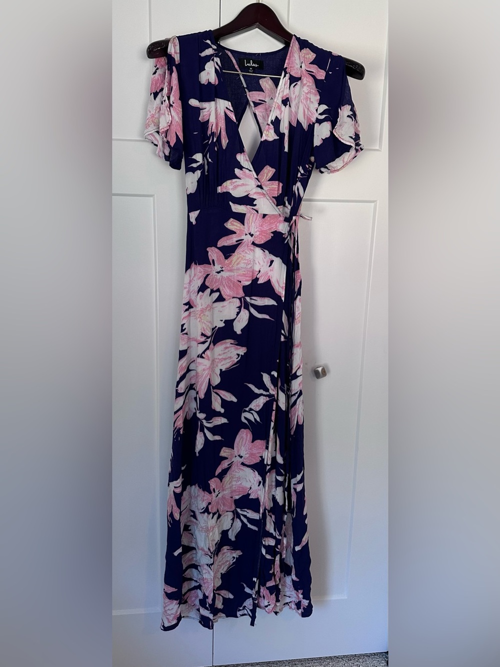 Lulu's Navy Maxi Wrap Dress with Pink Floral Print